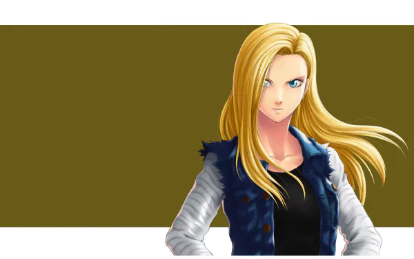 Android 18 (Dragon Ball Z) anime portrait — long blonde hair, blue vest and black top — set against an olive-green HD PC desktop wallpaper background.