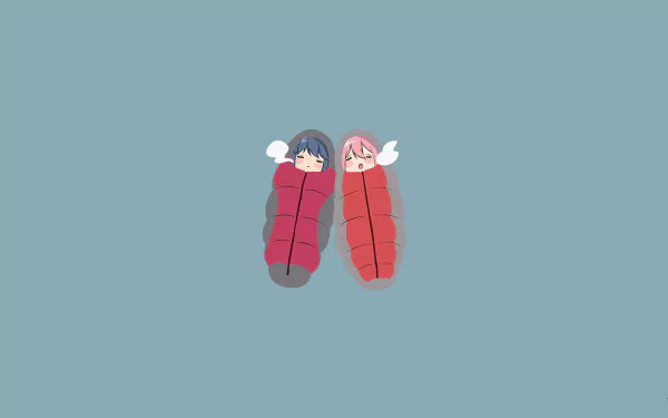 4K Ultra HD wallpaper featuring chibi-style Nadeshiko Kagamihara and Rin Shima from the anime Laid-Back Camp, each wrapped in red sleeping bags against a blue background.
