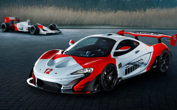 A McLaren P1 GTR hypercar in red and white with racing decals, displayed in HD as a striking PC desktop wallpaper and background.