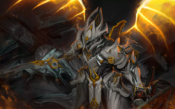 HD PC desktop wallpaper featuring Chroma from Warframe, showcasing the character in detailed armor with glowing orange accents in a dynamic video game scene.