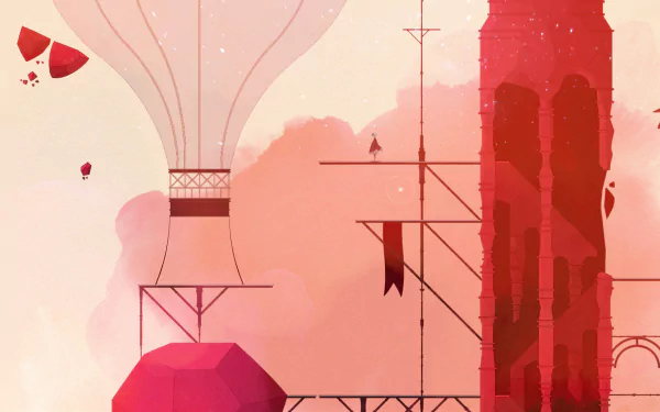 HD desktop wallpaper featuring a red and pink toned abstract landscape with geometric shapes and hot air balloons. Tagged with: Gris.