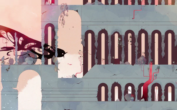 HD desktop wallpaper featuring abstract art from the game Gris, with whimsical architecture and a muted color palette.