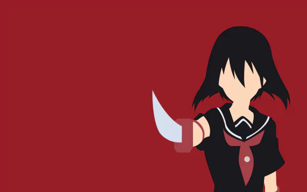 Minimalist Kurome (Akame ga Kill!) silhouette in a school uniform, blade raised against a deep red background — 2K Quad HD PC desktop wallpaper.