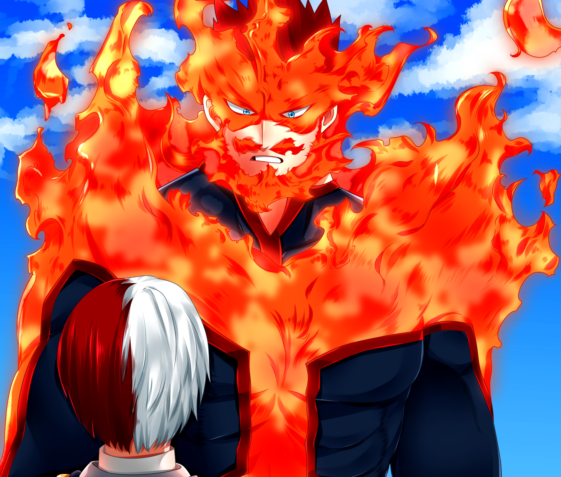 HD anime desktop wallpaper featuring Shoto Todoroki and Endeavor from My Hero Academia, showcasing intense flames and vibrant colors.