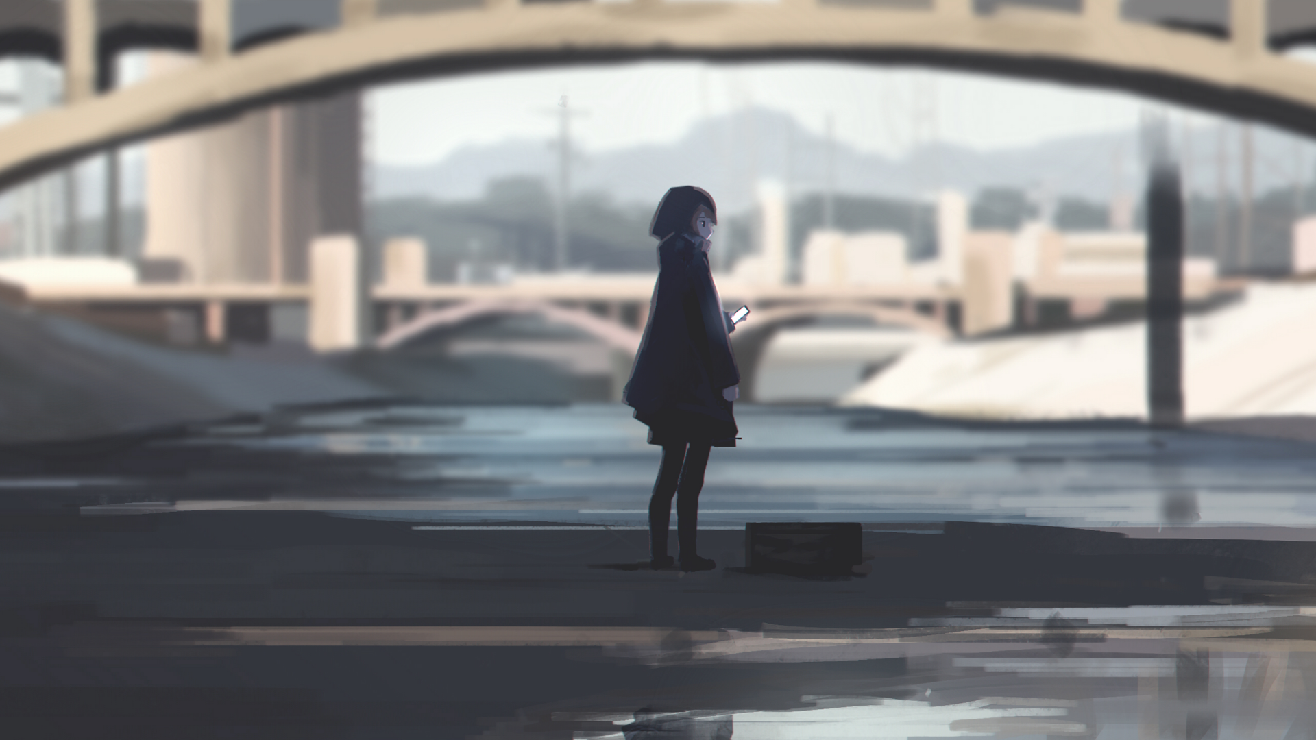 An original anime HD wallpaper featuring a solitary figure gazing at a phone, standing in an empty urban setting with bridges and distant mountains.