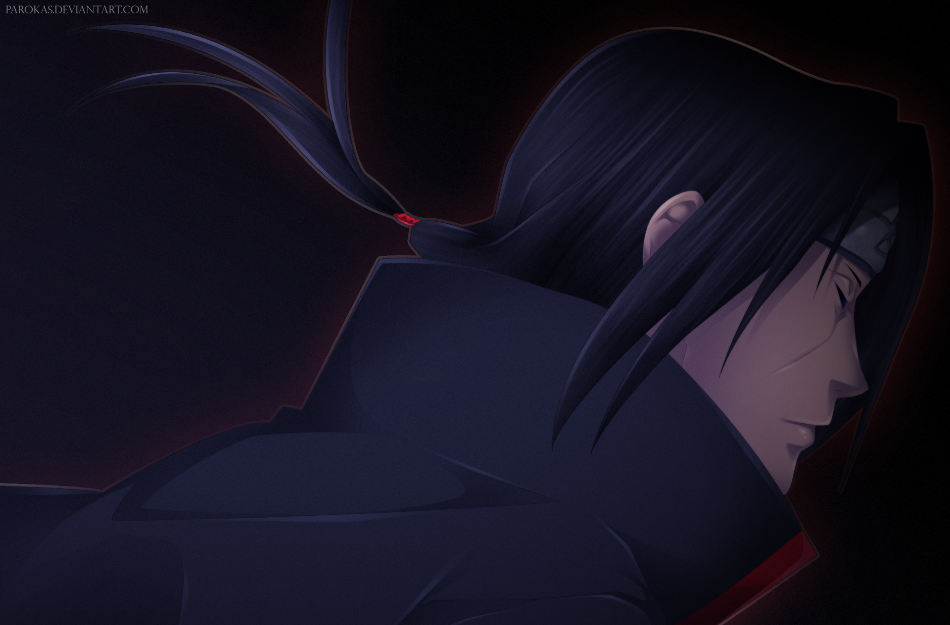 HD PC desktop wallpaper featuring Itachi Uchiha from the anime Naruto, showcasing his side profile with dark tones and a subtle red glow.