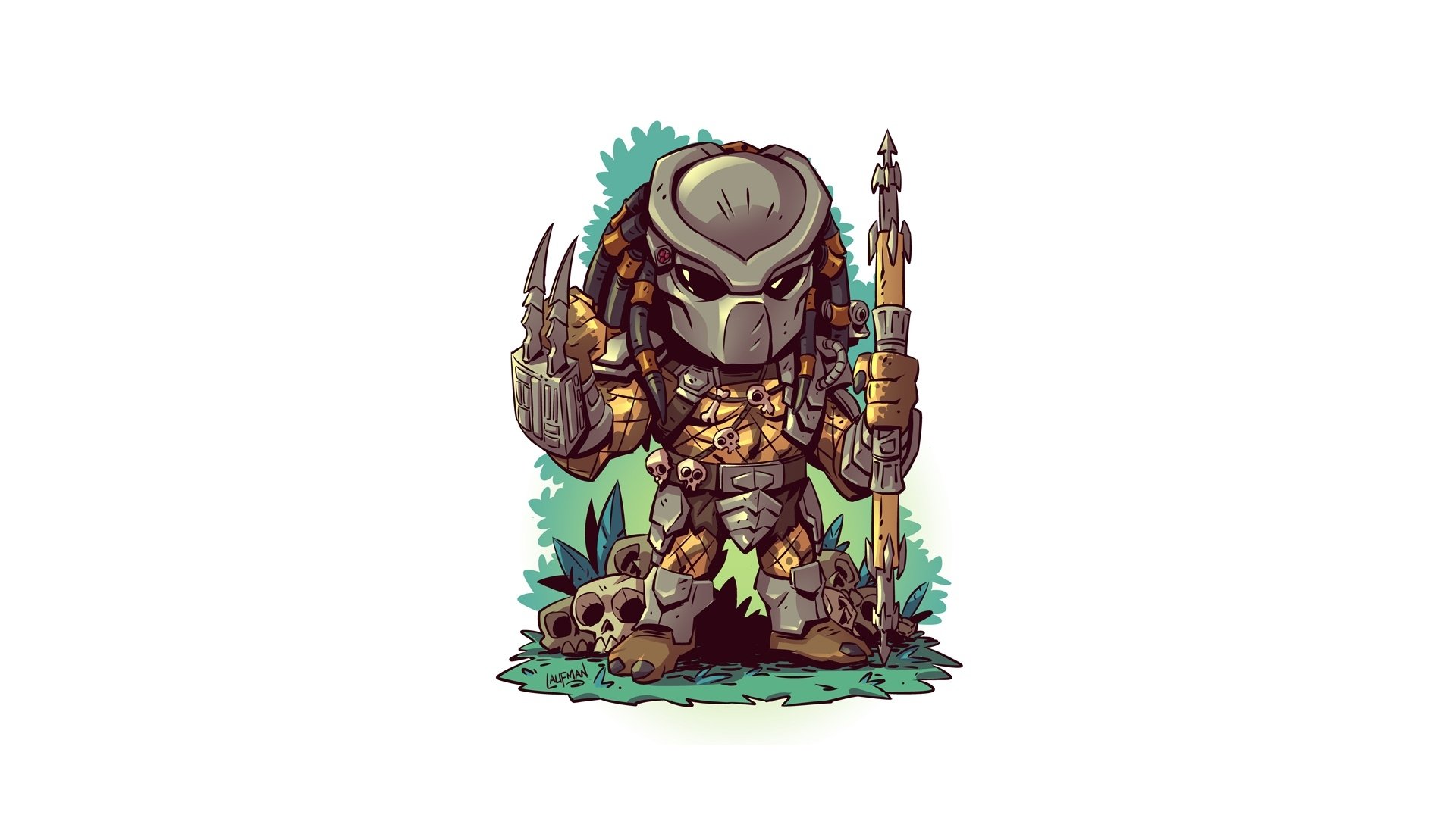 HD Sci-Fi Predator desktop wallpaper featuring a chibi-style armored alien warrior holding a spear, standing amidst skulls and foliage.