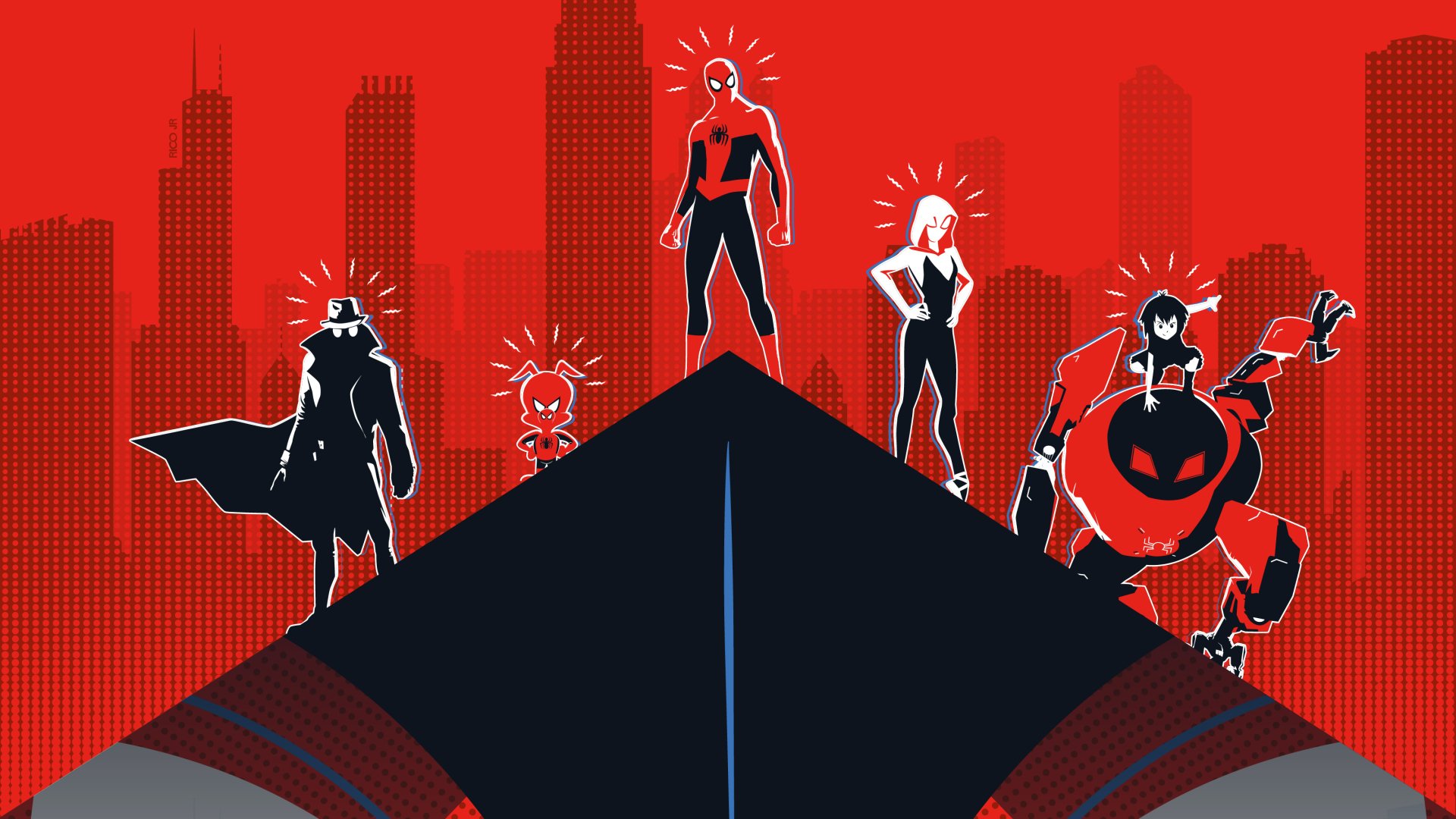 HD PC desktop wallpaper featuring Peni Parker, Spider-Ham, Spider-Gwen, and Spider-Man against a red city skyline from the movie Spider-Man: Into The Spider-Verse.