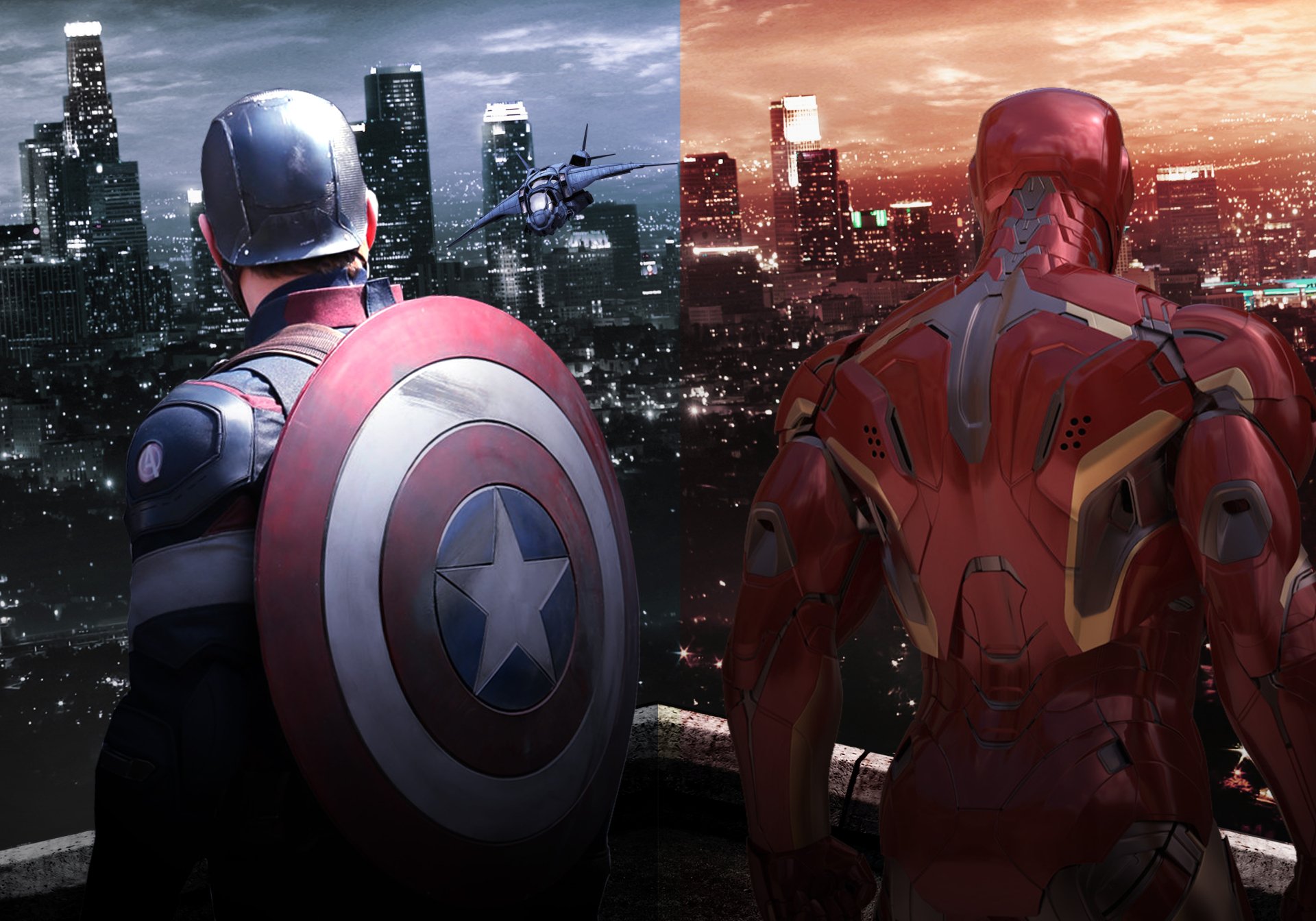 4K Ultra HD PC desktop wallpaper featuring Captain America and Iron Man facing a city skyline, inspired by the movie Captain America: Civil War.