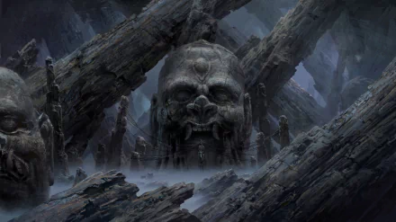 A dark, fantasy HD desktop wallpaper featuring a foreboding temple with a giant, sinister stone face amidst eerie, rocky ruins.