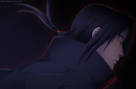 HD PC desktop wallpaper featuring Itachi Uchiha from the anime Naruto, showcasing his side profile with dark tones and a subtle red glow.