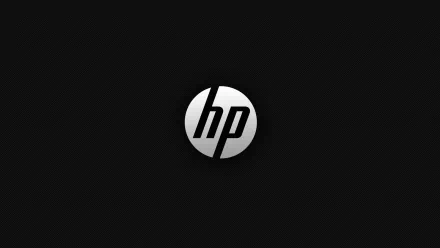 Black technology-themed HD PC desktop wallpaper with a centered silver Hewlett‑Packard (HP) logo on a subtle textured background.