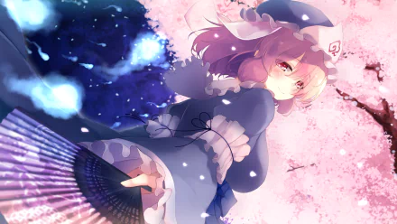 HD PC desktop wallpaper featuring Yuyuko Saigyouji from the Touhou anime series, set against a vibrant backdrop of cherry blossoms and ethereal blue flames.