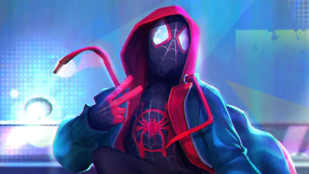 HD wallpaper featuring Miles Morales as Spider-Man, donning a hood and striking a pose, from the movie Spider-Man: Into the Spider-Verse.