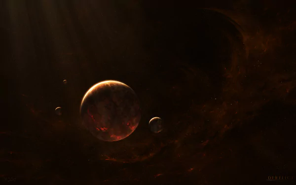 8K Ultra HD Sci-Fi desktop wallpaper depicting a glowing planet with fiery surface details surrounded by smaller moons, set against a dark cosmic background.
