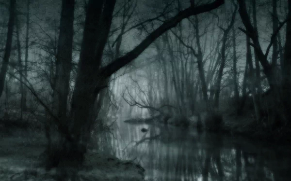 HD desktop wallpaper depicting a dark and artistic swamp scene. The image features eerie, shadowed trees and a misty waterway, creating a haunting and atmospheric nature backdrop.