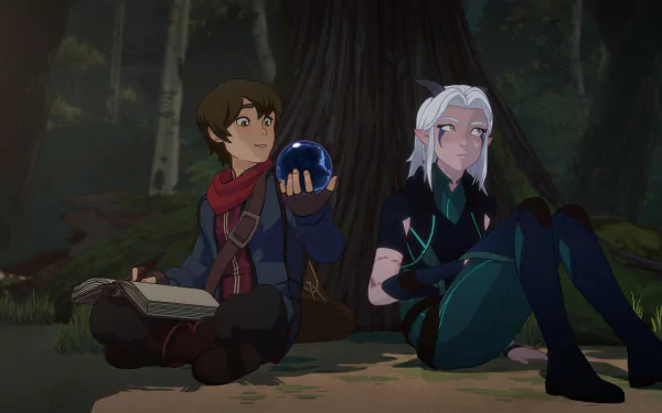 HD desktop wallpaper featuring characters from the TV show The Dragon Prince, set in a forest with one holding a glowing blue orb.