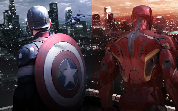 4K Ultra HD PC desktop wallpaper featuring Captain America and Iron Man facing a city skyline, inspired by the movie Captain America: Civil War.