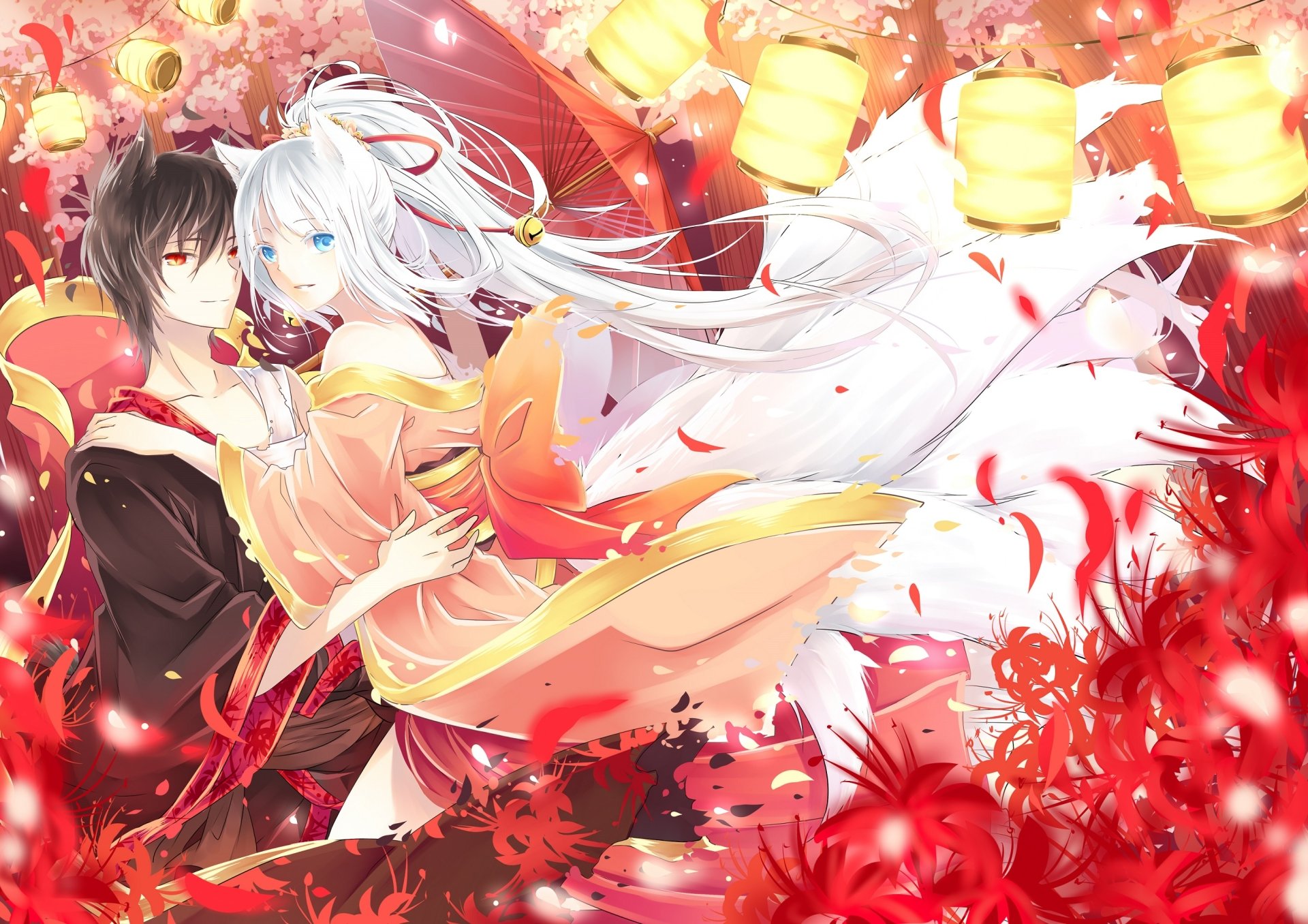 HD anime desktop wallpaper featuring a romantic anime couple surrounded by glowing lanterns and vibrant red flowers, creating a dreamy and colorful atmosphere.