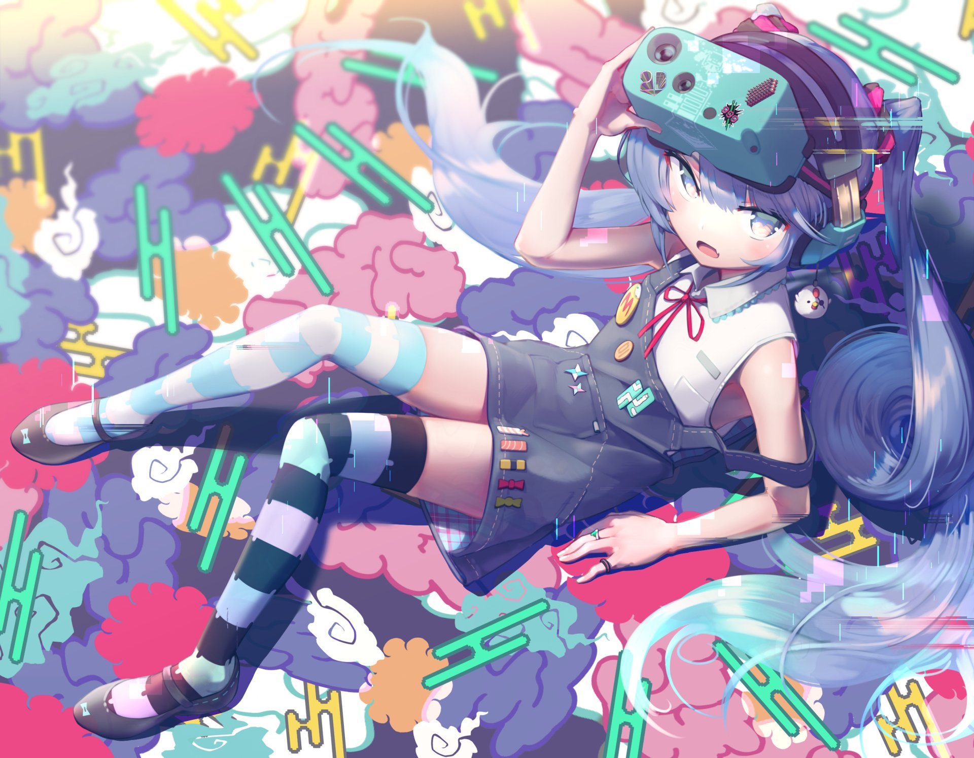 Hatsune Miku — Anime Vocaloid 2K Quad HD PC wallpaper: reclining with teal twin‑tails, headphones, striped thigh‑highs amid neon clouds and geometric shapes.