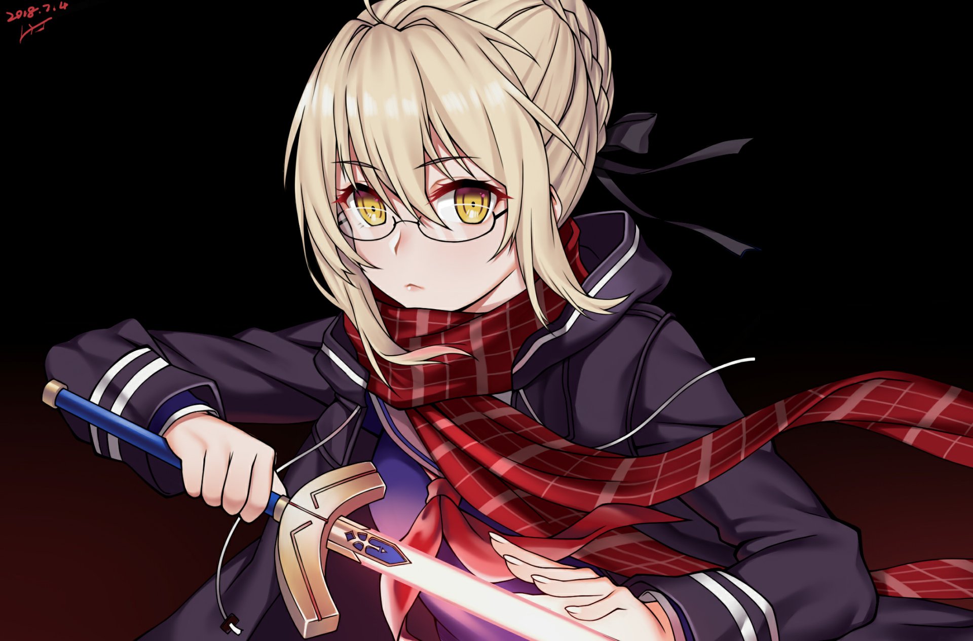 Mysterious Heroine X Alter (Fate/Grand Order) anime HD PC desktop wallpaper: blonde with glasses and red scarf, gripping a glowing sword against a dark background.