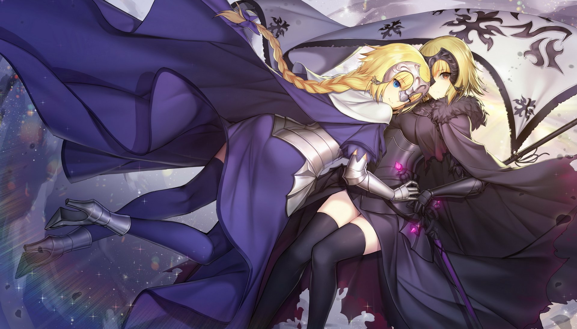 Anime-style HD desktop wallpaper of blonde Jeanne d'Arc Alter and Jeanne d'Arc from Fate/Grand Order, featuring capes, thigh highs, long braided hair, swords, and flags.