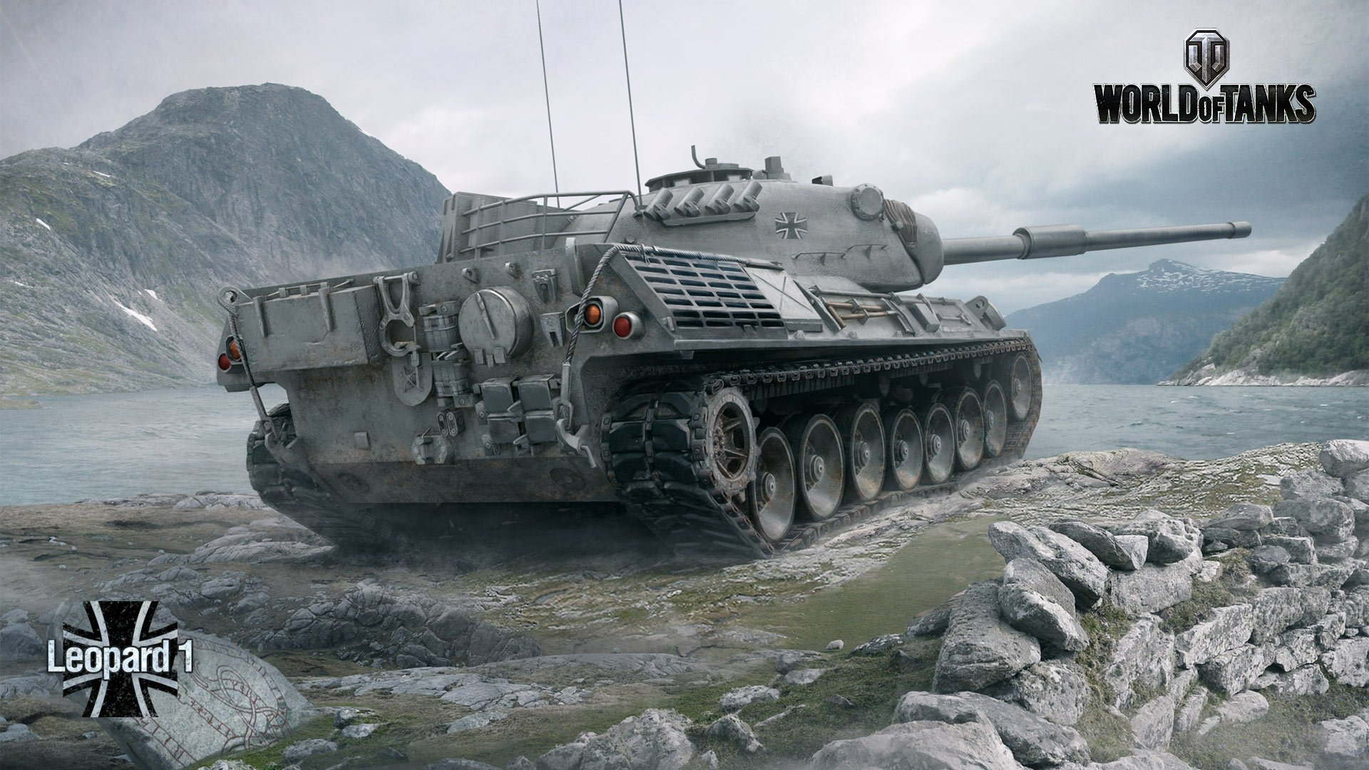 HD PC desktop wallpaper featuring the Leopard 1 tank from the World of Tanks video game, set against a rugged mountainous landscape.