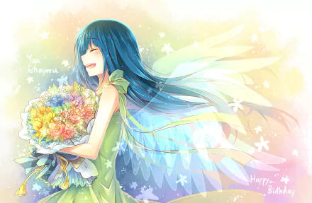Anime-style original artwork of a smiling girl with long blue hair and translucent wings, holding a vibrant bouquet, designed as an HD PC desktop wallpaper and background.
