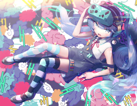 Hatsune Miku — Anime Vocaloid 2K Quad HD PC wallpaper: reclining with teal twin‑tails, headphones, striped thigh‑highs amid neon clouds and geometric shapes.