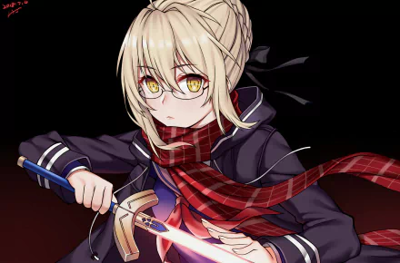 Mysterious Heroine X Alter (Fate/Grand Order) anime HD PC desktop wallpaper: blonde with glasses and red scarf, gripping a glowing sword against a dark background.