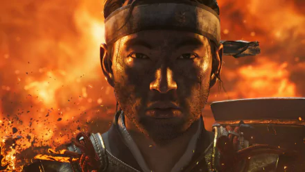 Jin Sakai from Ghost of Tsushima depicted in a stunning 4K Ultra HD video game wallpaper with fiery, intense background details.