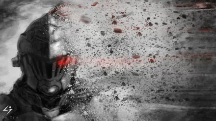 HD desktop wallpaper featuring a dynamic and intense scene from the anime Goblin Slayer, showcasing the titular character in a dramatic, splattered red and grayscale artwork.