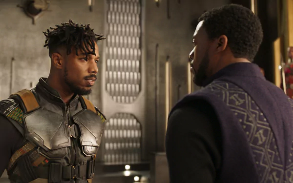 HD desktop wallpaper featuring Chadwick Boseman as Black Panther and Michael B. Jordan as Erik Killmonger from the Black Panther Marvel movie.