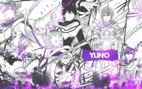 HD desktop wallpaper featuring Yuno from the anime Black Clover. The image showcases multiple black and white sketches of Yuno with dynamic poses and magical elements, highlighted by purple accents.