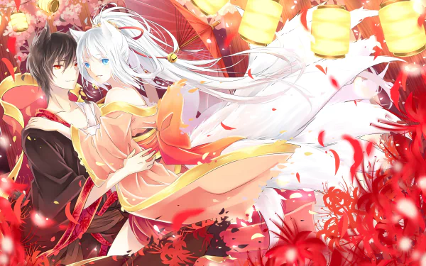 HD anime desktop wallpaper featuring a romantic anime couple surrounded by glowing lanterns and vibrant red flowers, creating a dreamy and colorful atmosphere.