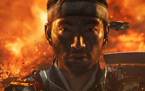 Jin Sakai from Ghost of Tsushima depicted in a stunning 4K Ultra HD video game wallpaper with fiery, intense background details.