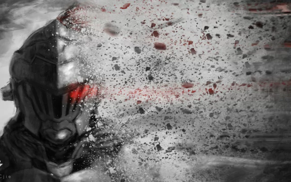 HD desktop wallpaper featuring a dynamic and intense scene from the anime Goblin Slayer, showcasing the titular character in a dramatic, splattered red and grayscale artwork.