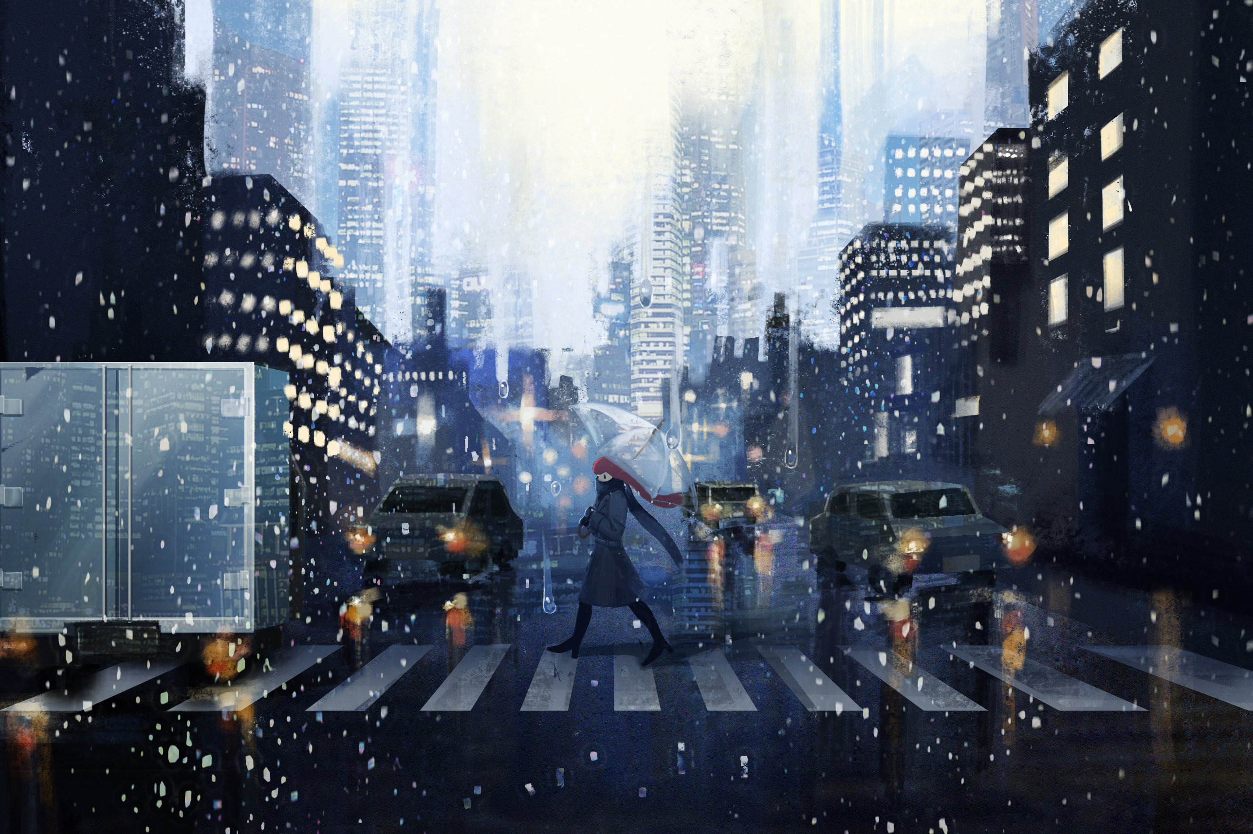 Anime Girl Crossing the Road in the Rain HD Wallpaper | Background