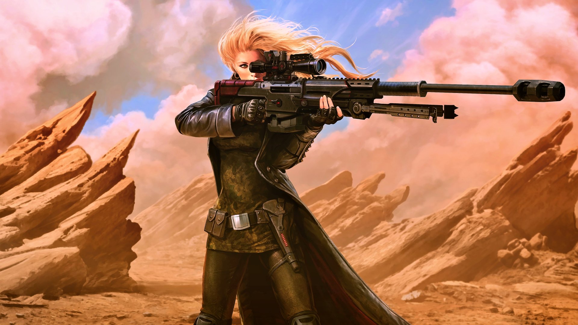 Sci-fi woman warrior aiming a futuristic sniper rifle in a rugged desert landscape, depicted in stunning 4K Ultra HD for PC desktop wallpaper and background.