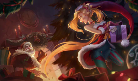 HD PC desktop wallpaper featuring Jinx from League of Legends dressed in a festive Christmas outfit, set against a holiday-themed background with Santa Claus.
