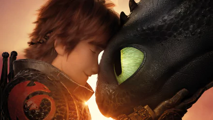 HD desktop wallpaper featuring Hiccup and Toothless in a tender moment from the movie How to Train Your Dragon: The Hidden World.