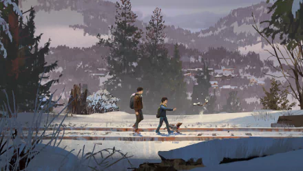 Two characters from Life Is Strange 2 walk through a snowy landscape, accompanied by a small dog, surrounded by towering trees and distant mountains, creating a serene HD wallpaper.