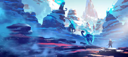 Duelyst video game 2K Quad HD PC wallpaper — stylized icy canyon with glowing blue foxlike creatures and jagged ice spires beneath a pale sky.