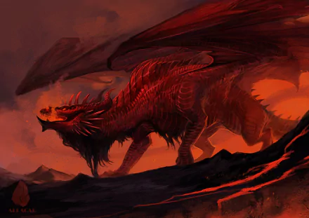 HD fantasy desktop wallpaper featuring a fierce red dragon standing amidst a fiery, volcanic landscape under a dark, smoky sky.