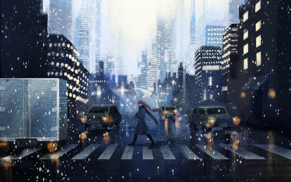 Anime City Umbrella Long Hair Red Hair Snowfall HD Wallpaper | Background Image