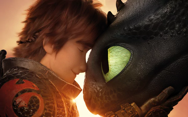 HD desktop wallpaper featuring Hiccup and Toothless in a tender moment from the movie How to Train Your Dragon: The Hidden World.