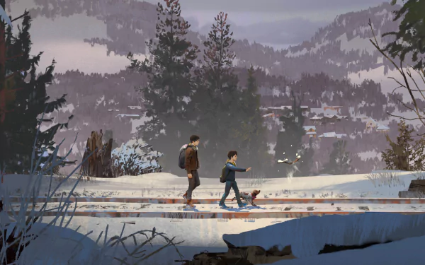 Two characters from Life Is Strange 2 walk through a snowy landscape, accompanied by a small dog, surrounded by towering trees and distant mountains, creating a serene HD wallpaper.