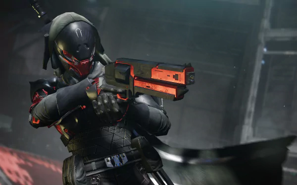 A detailed 8K Ultra HD PC wallpaper from Destiny 2 featuring a futuristic armored character aiming a weapon in a dark, industrial environment.