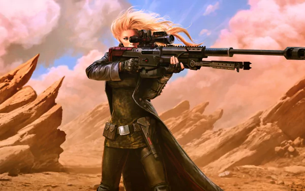 Sci-fi woman warrior aiming a futuristic sniper rifle in a rugged desert landscape, depicted in stunning 4K Ultra HD for PC desktop wallpaper and background.