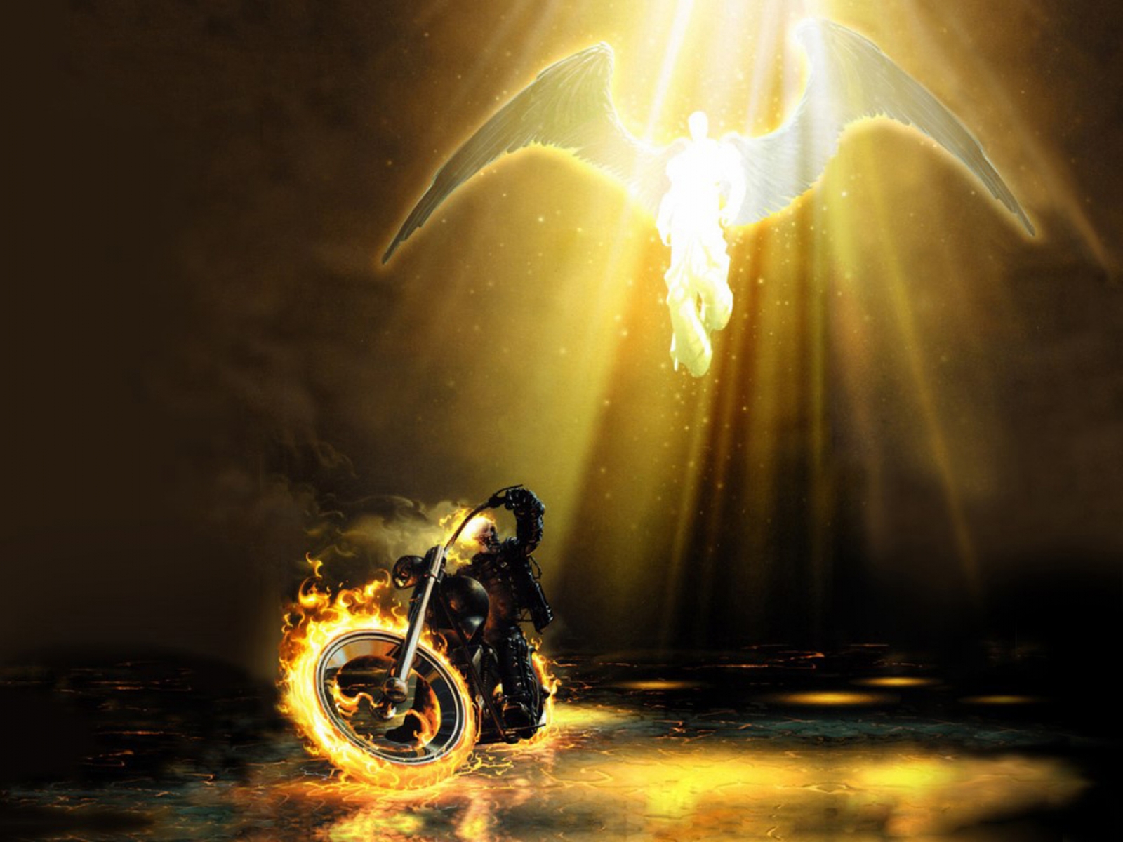 Ghost Rider & Angel in an intense battle, creating a fiery spectacle.